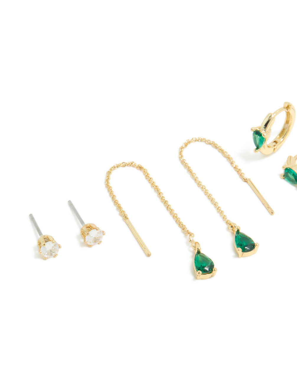 Gold Plated Emerald Cubic Zirconia Thread Through & Huggie Earrings 4-Pack