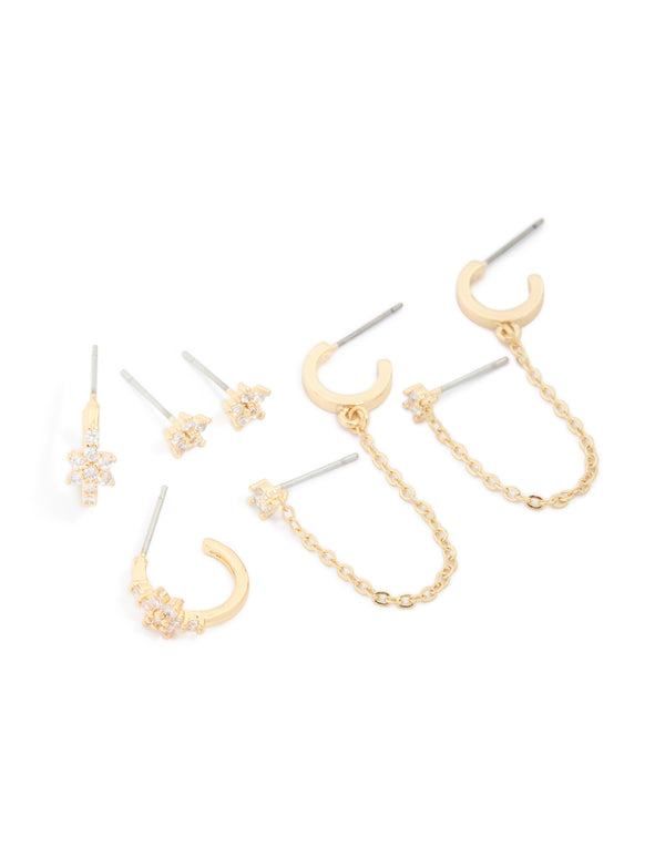 Showcasing a gold plated cubic zirconia flower chain and mixed earrings 4-pack, stud and hoop closure front view