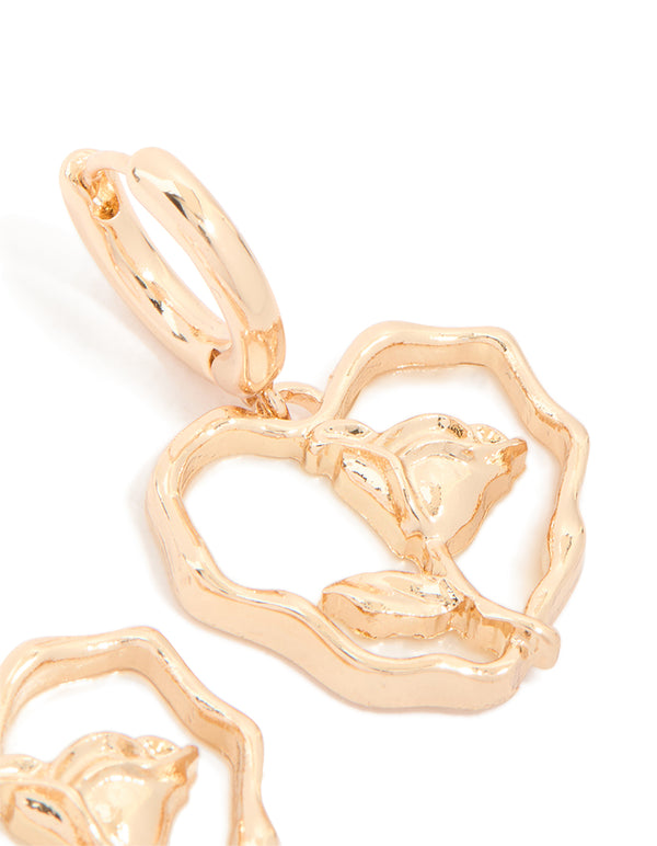 Gold Rose Inner Heart Drop Earrings