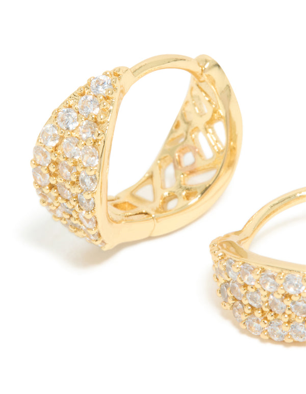 Gold Plated Cubic Zirconia Organic Flat Huggie Earrings
