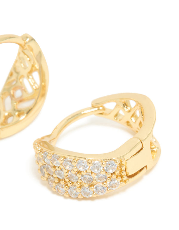 Crafted gold plated cubic zirconia organic flat huggie earrings with hoop closure post detail view
