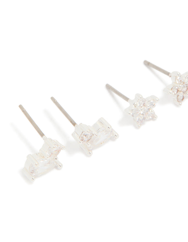 Silver Plated Brass Cubic Zirconia Stud & Dainty Chain Stud Earrings 3-Pack