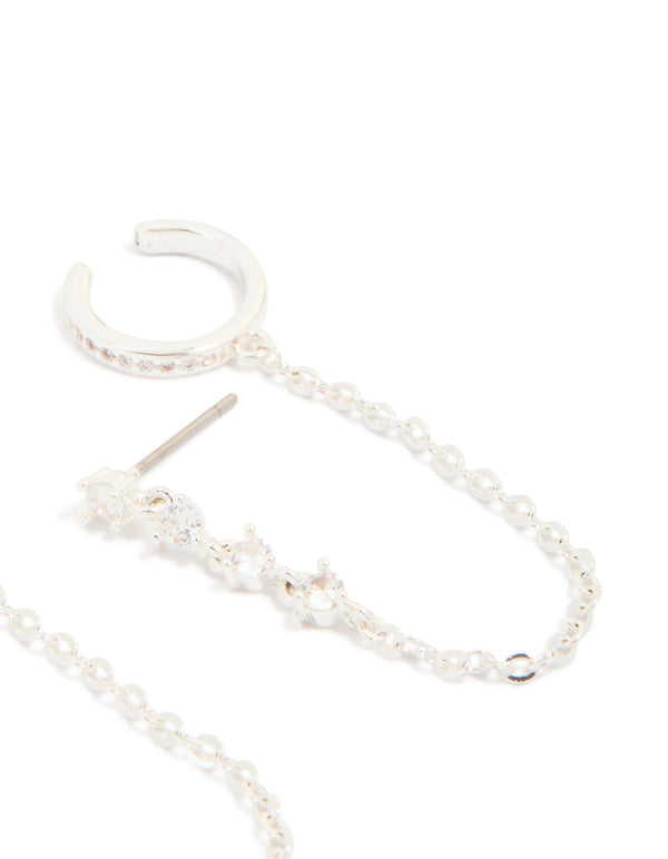 Silver Plated Brass Cubic Zirconia Stud & Dainty Chain Stud Earrings 3-Pack