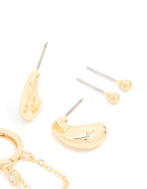 Gold Plated Brass Cubic Zirconia Teardrop Pear Stud & Huggie Earrings 4-Pack