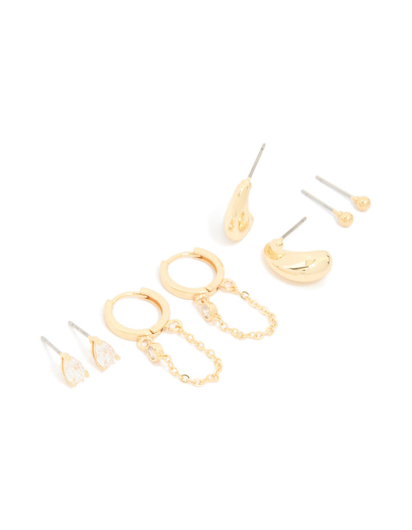 Gold Plated Brass Cubic Zirconia Teardrop Pear Stud & Huggie Earrings 4-Pack