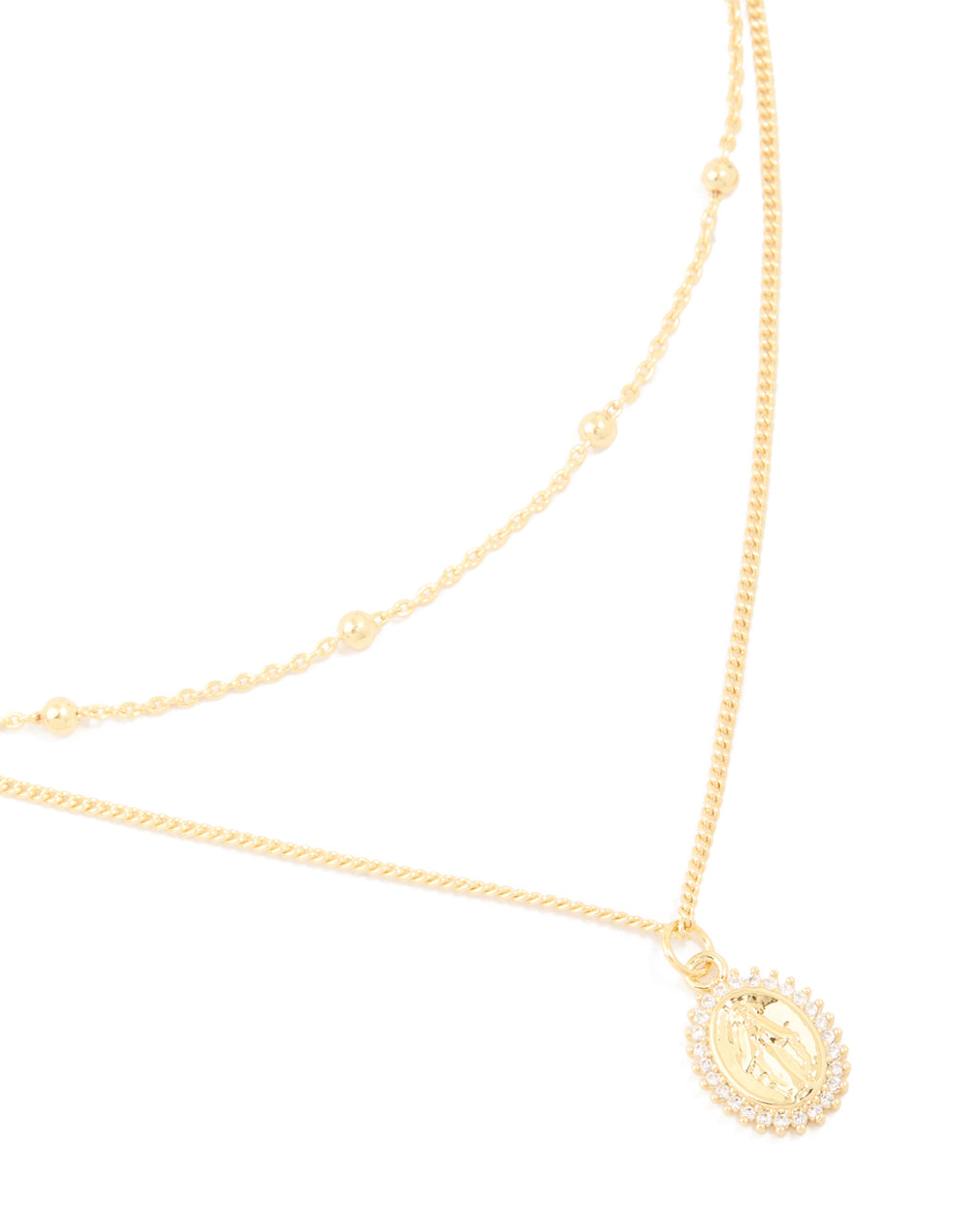 Gold Plated Brass Cubic Zirconia Mary Pendant & Ball Chain Layered Necklace