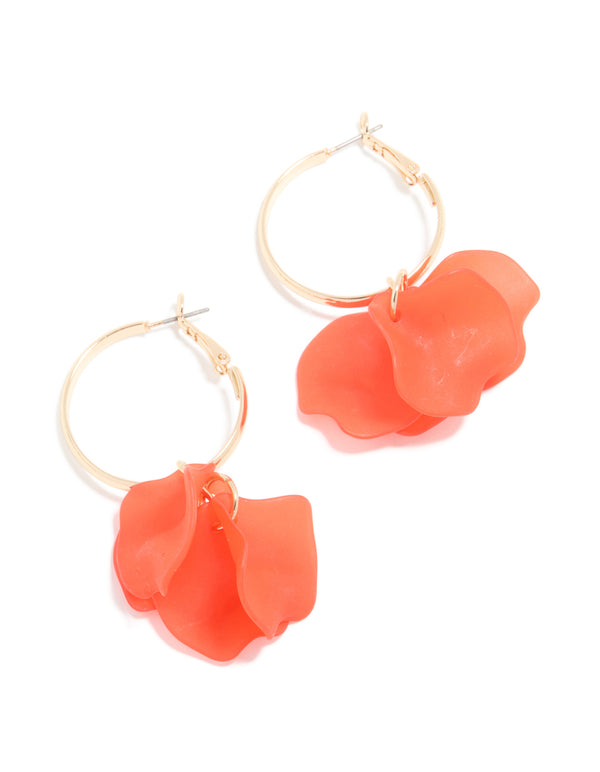 Gold Red Acrylic Petal Hoop Earrings
