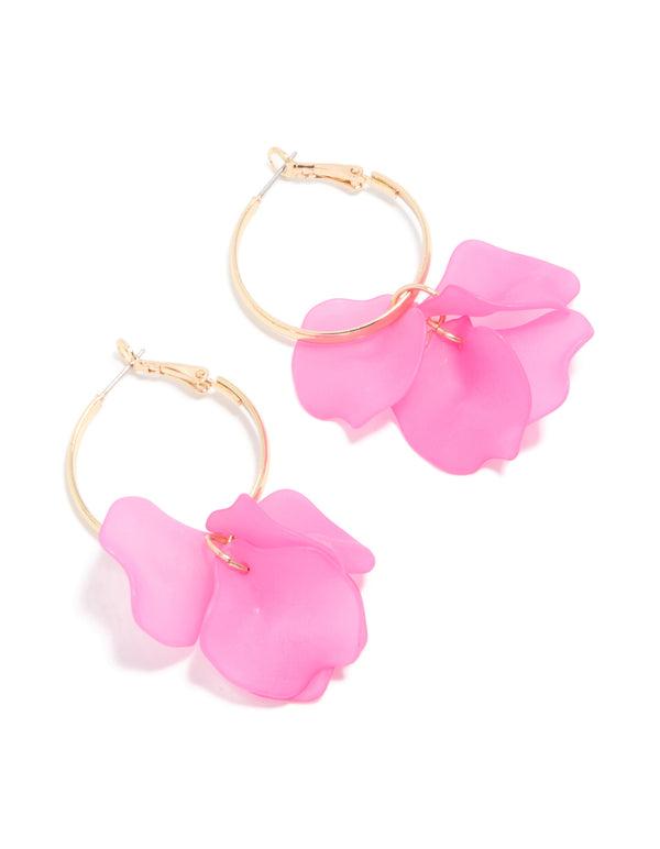 Gold Pink Acrylic Flower Petal Drop Hoop Earrings