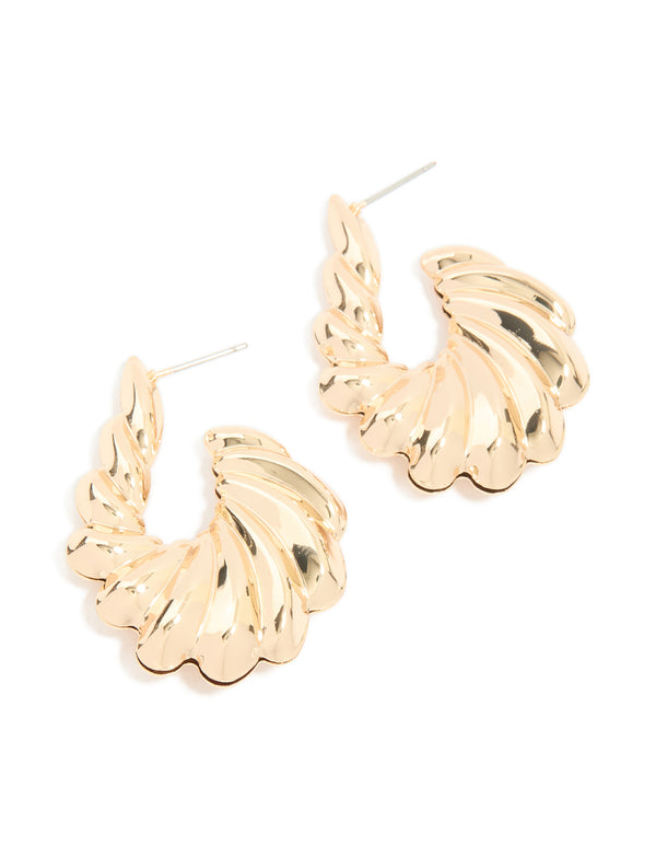 Gold Wide Ribbed Twist Hoop Earrings