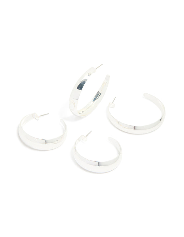Silver Mixed Size Flat Hoop Earrings 2 Pack