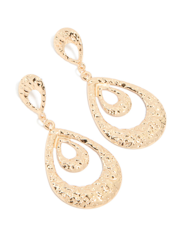 Gold Textured Molten Open Layered Teardrop Earrings