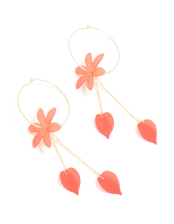 Gold Red Flower & Petal Chain Drop Earrings