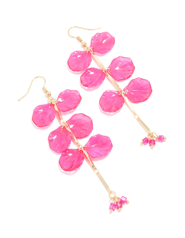 Gold Pink Acrylic Petals Drop Earrings