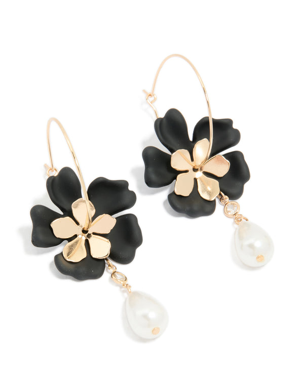 Gold Diamante Pearl & Black Flower Drop Hoop Earrings