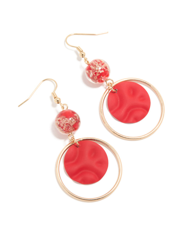 Gold Red Ball Circle Drop Earrings
