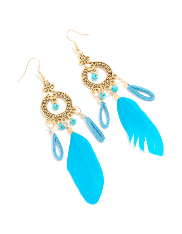 Gold Blue Feather Boho Dream Catcher Drop Earrings