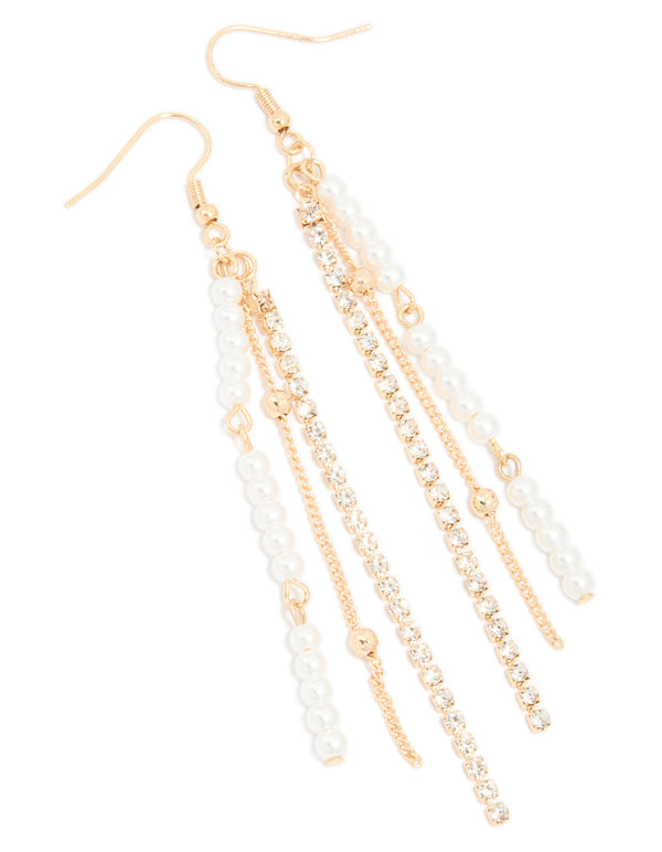 Gold Pearl Station & Diamante Cup Chain Drop Earrings