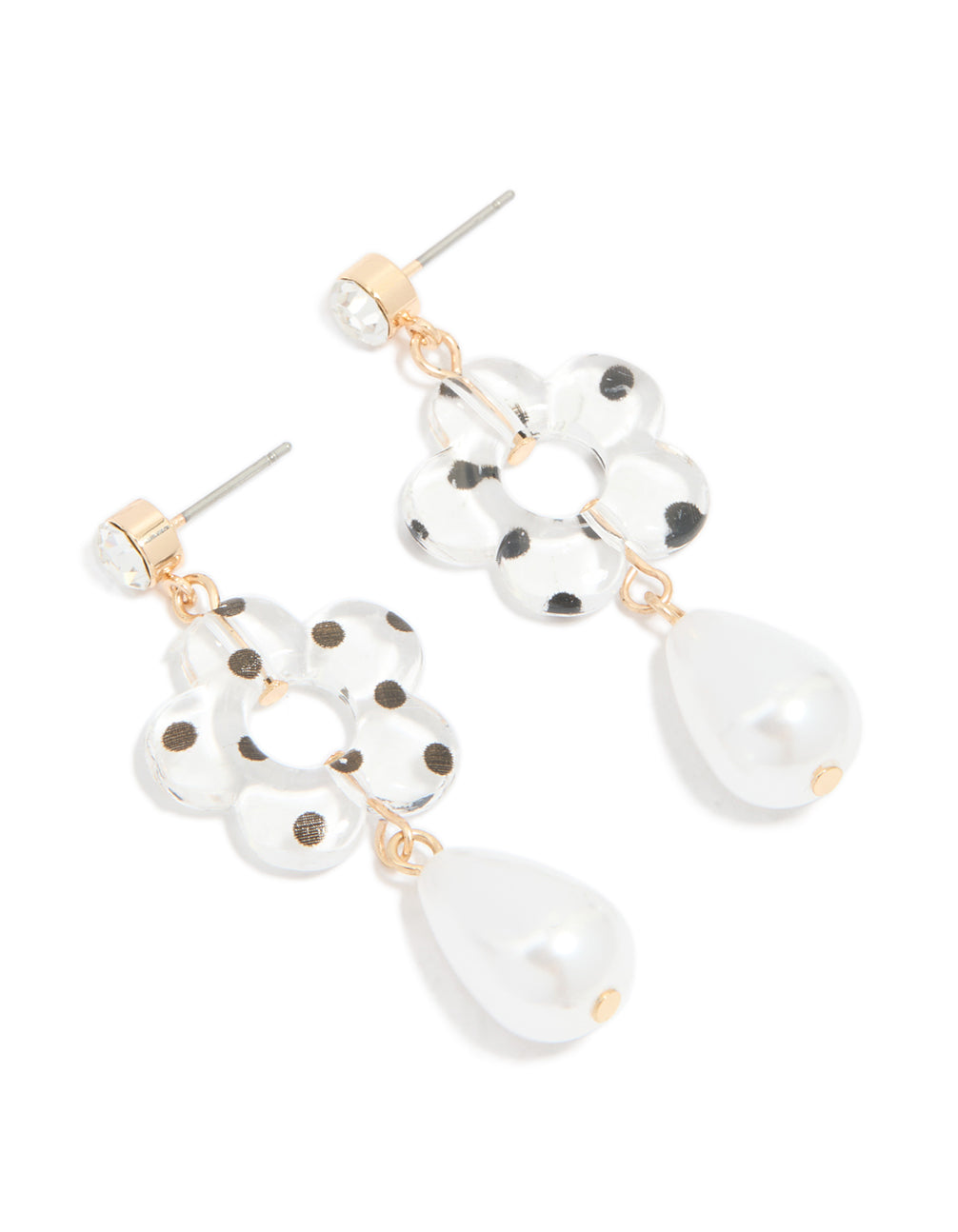 Gold Acrylic Diamante Flower & Pearl Drop Earrings