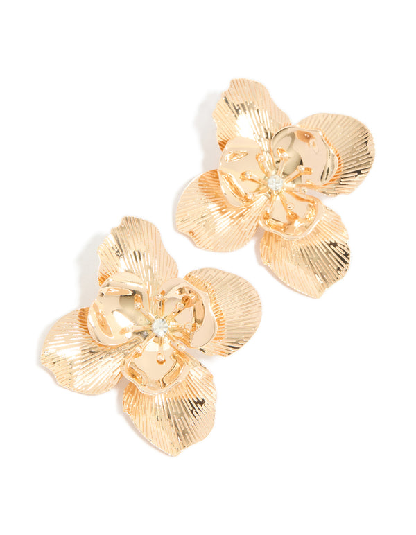 Gold Diamante Centre Textured Flower Stud Earrings