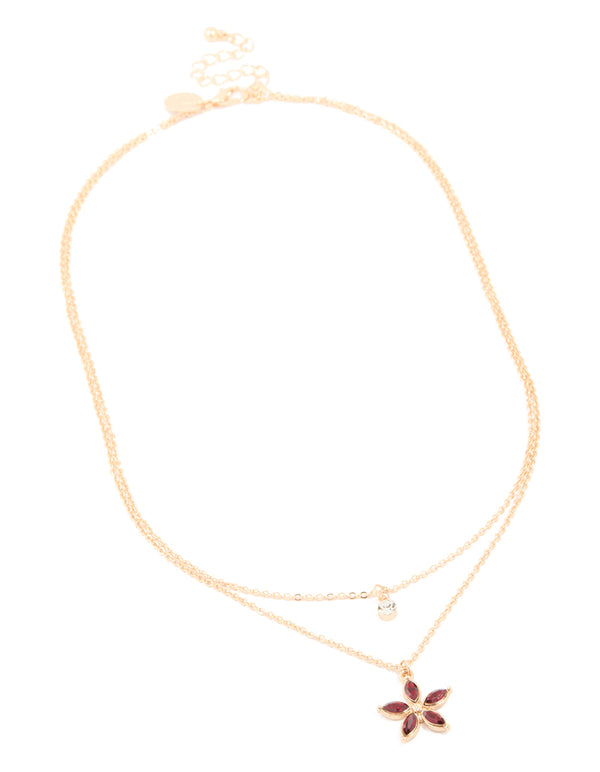 Gold Diamante Circle & Red Flower Layered Necklace