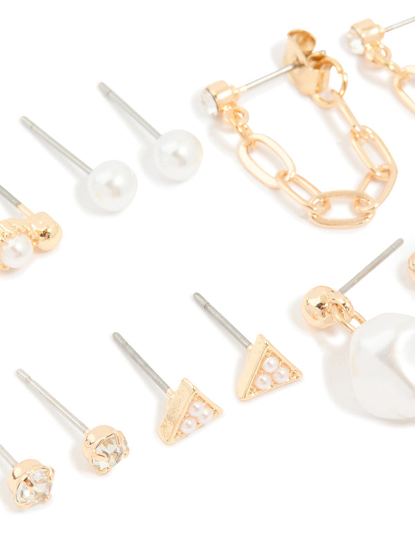 Gold Pearl Chain Drop & Stud Earrings 7-Pack