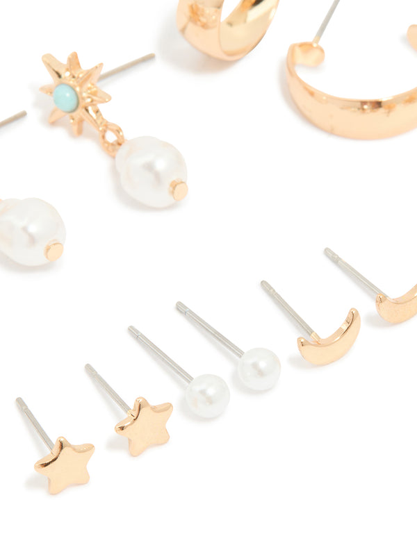 Gold Star & Ball Stud Earrings 7-Pack