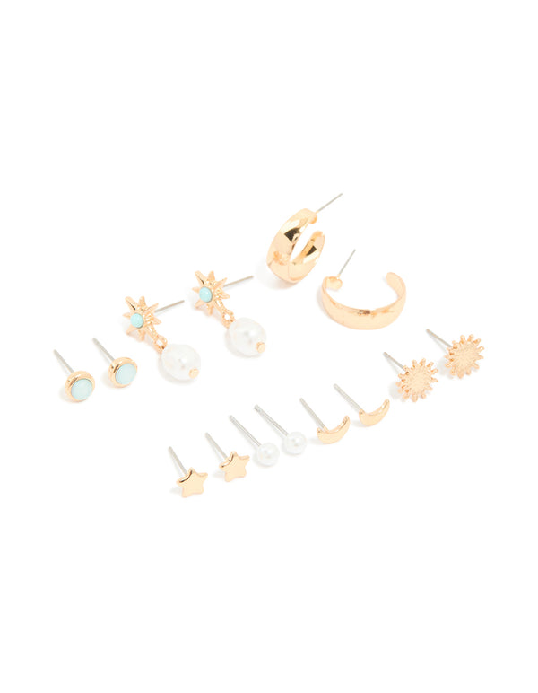 Gold Star & Ball Stud Earrings 7-Pack