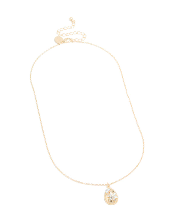 Gold Diamante Flower Teardrop Pendant Necklace
