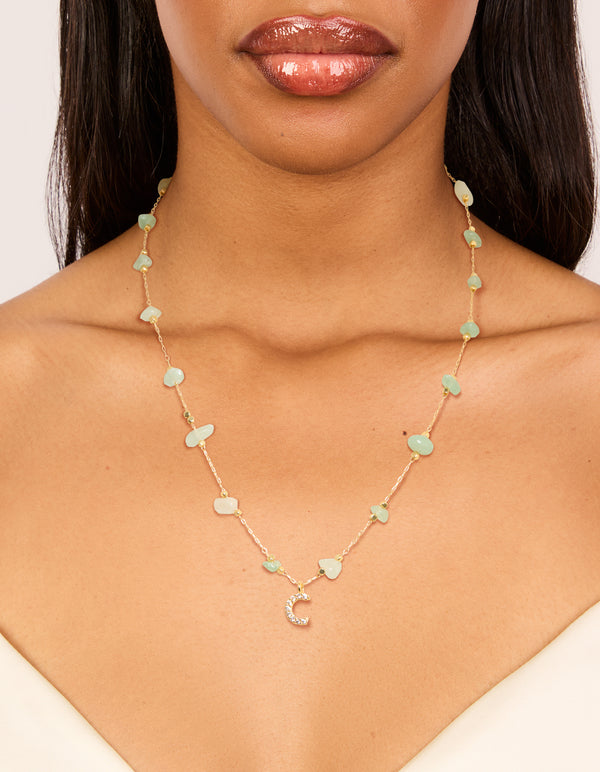 Gold Plated Green Aventurine Semi-Precious Stone Cubic Zirconia Letter C Necklace