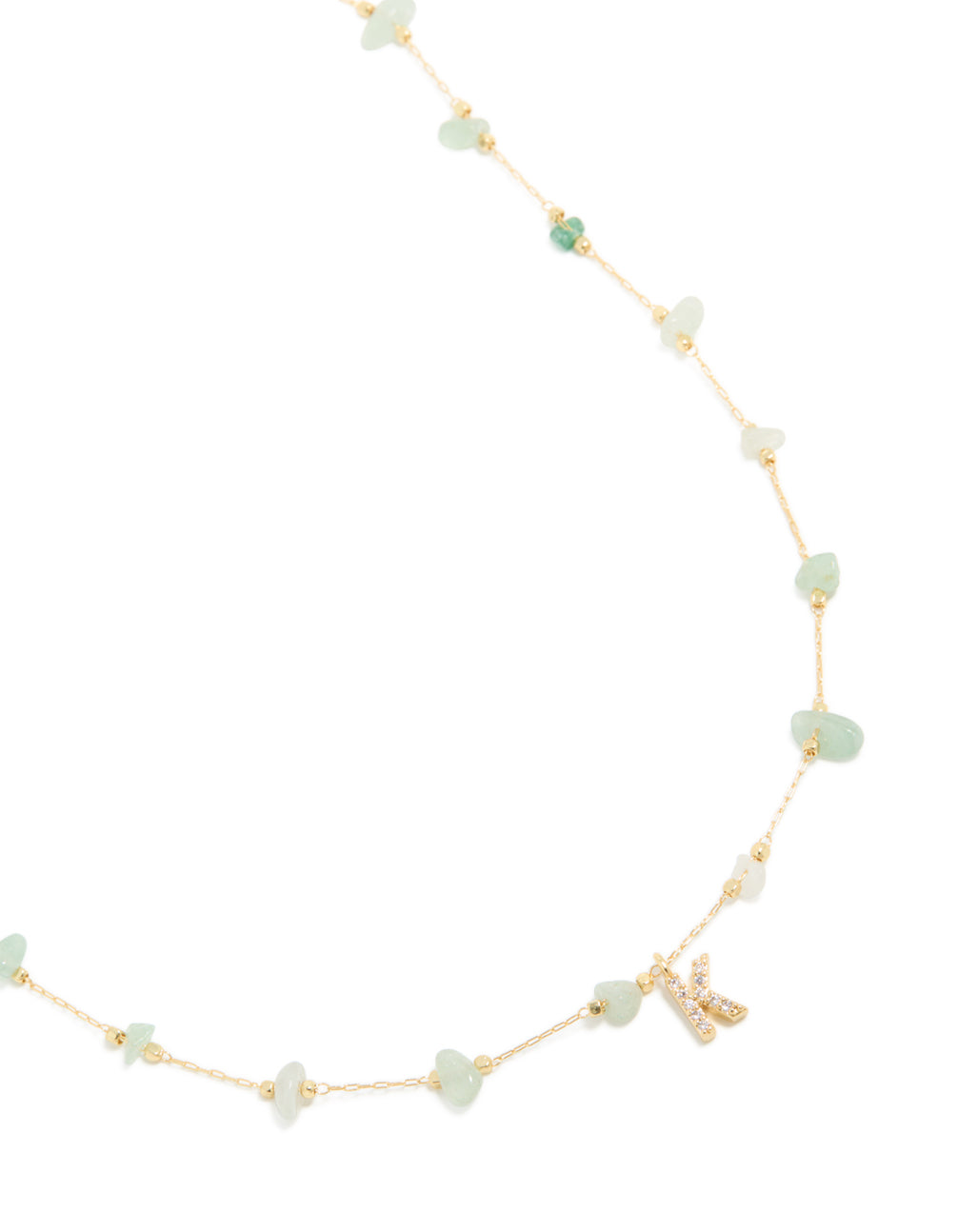 Gold Plated Green Aventurine Semi Precious Stone Cubic Zirconia Letter K Necklace
