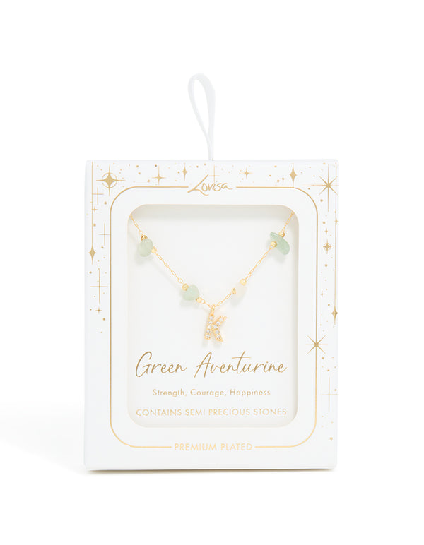 Gold Plated Green Aventurine Semi Precious Stone Cubic Zirconia Letter K Necklace