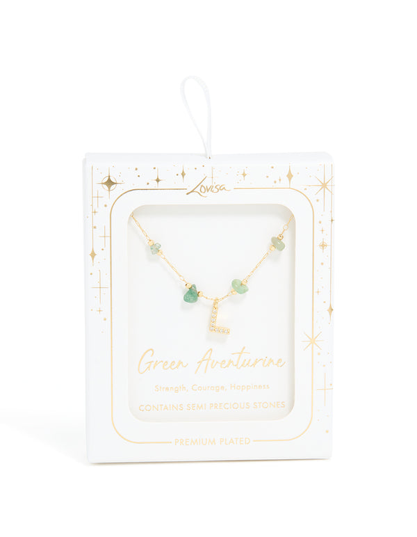 Gold Plated Green Aventurine Semi Precious Stone Cubic Zirconia Letter L Necklace