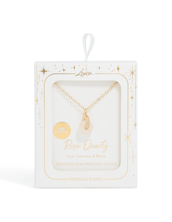 Gold Plated Rose Quartz Semi-Precious Stone Cubic Zirconia Doughnut Necklace