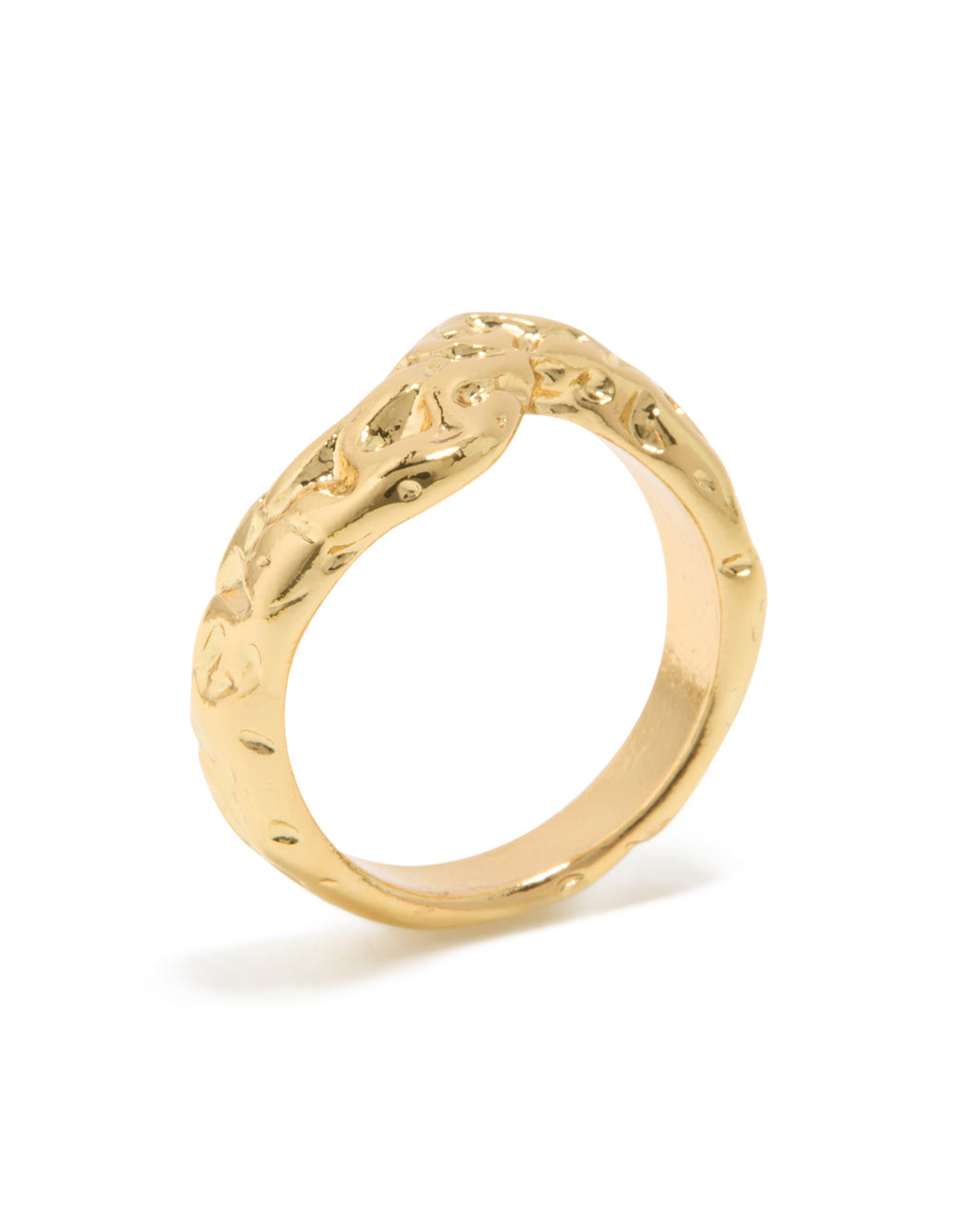 Crafted from waterproof gold plated stainless steel molten curved front ring with chunky style side detail view