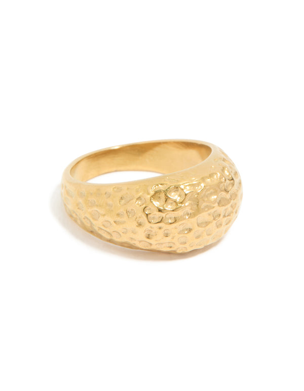 This waterproof gold plated stainless steel molten rock ring features chunky design front view