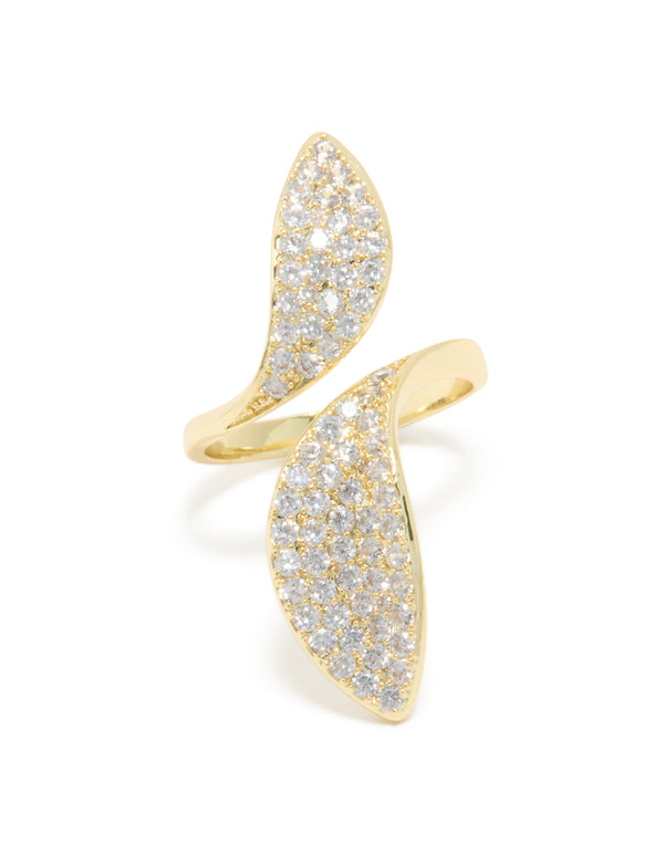 Gold Plated Cubic Zirconia Large Shiny Double Leaf Ring