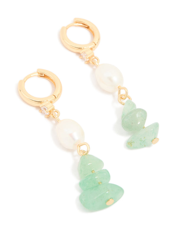 Gold Green Jade Semi Precious Stone Freshwater Pearl Cubic Zirconia Drop Earrings