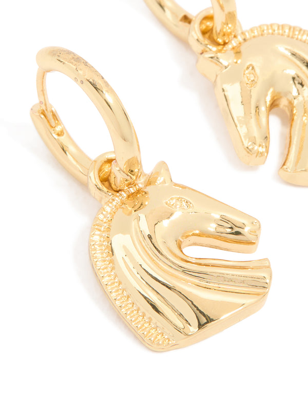 Gold Horse Huggie Drop Earrings