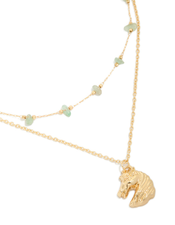Gold Green Jade Semi Precious Stone Chips & Horse Layered Necklace