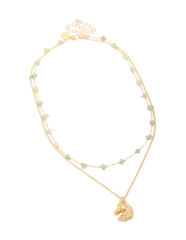 Gold Green Jade Semi Precious Stone Chips & Horse Layered Necklace