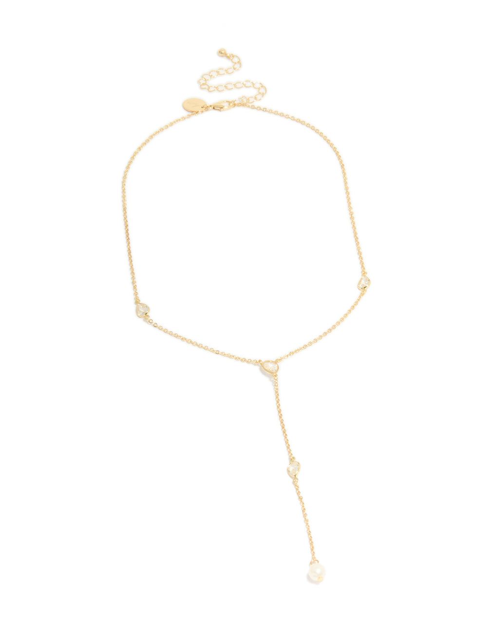 Gold Plated Cubic Zirconia Teardrop & Pearl Y-Necklace