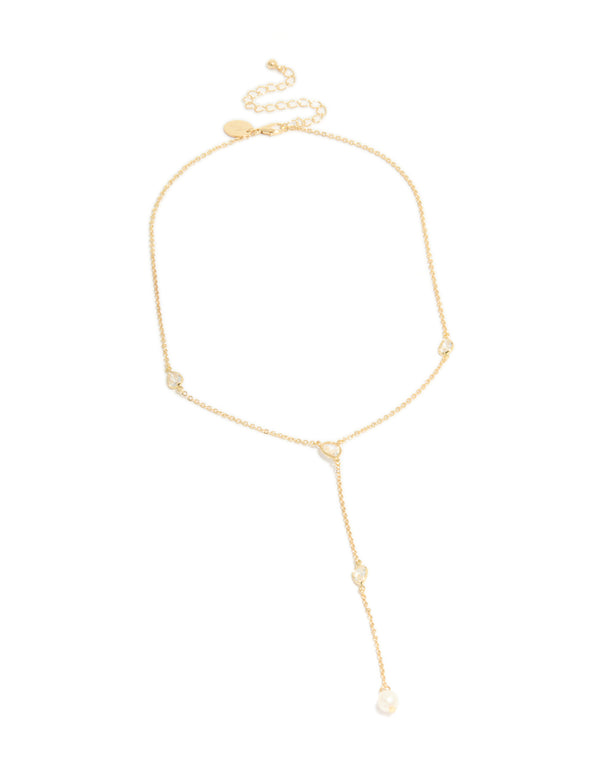Gold Plated Cubic Zirconia Teardrop & Pearl Y-Necklace
