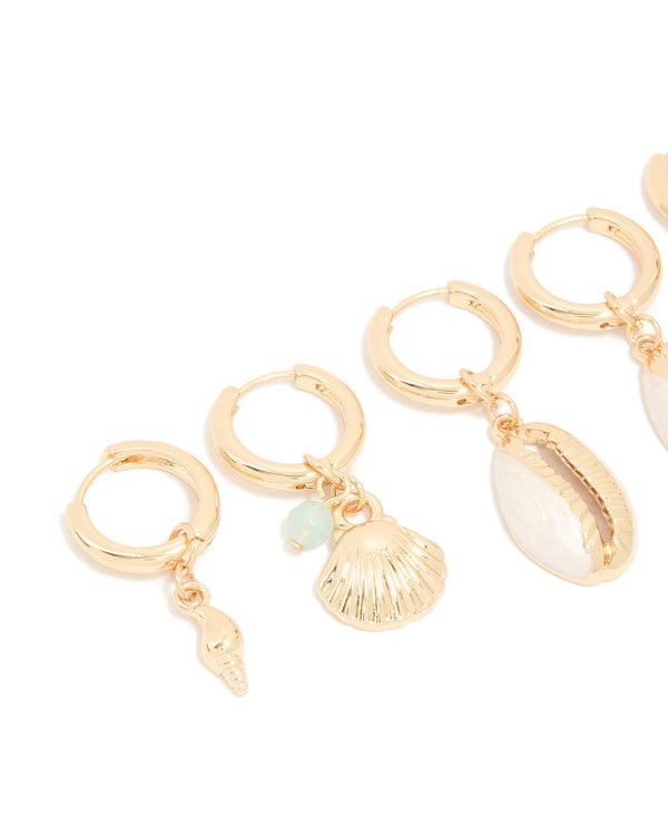 Gold Beaded & Shell Motif Huggie Earrings 3-Pack