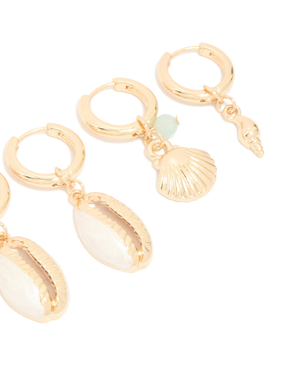 Gold Beaded & Shell Motif Huggie Earrings 3-Pack
