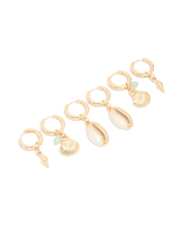 Gold Beaded & Shell Motif Huggie Earrings 3-Pack