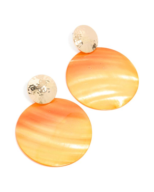 Gold Orange Shell Hammered Drop Earrings