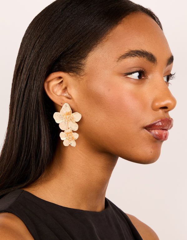 Gold Double Frangipani Flower Drop Earrings