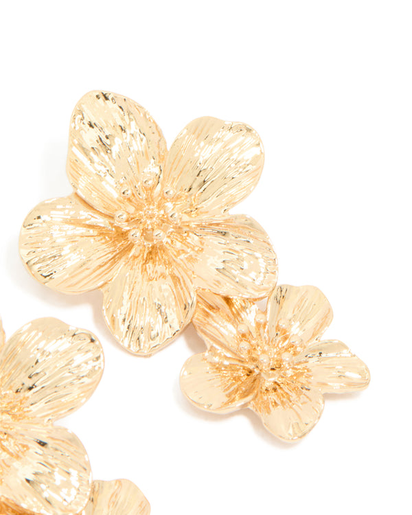 Gold Double Frangipani Flower Drop Earrings
