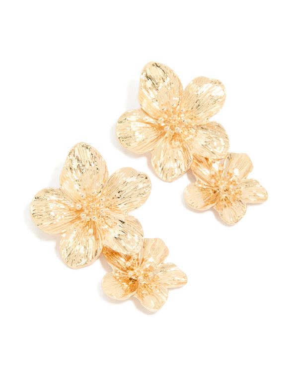 Gold Double Frangipani Flower Drop Earrings
