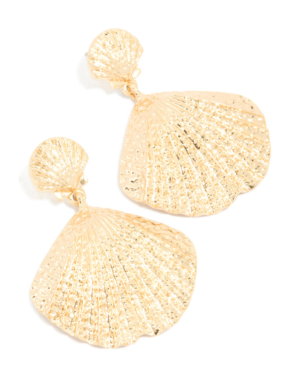 Gold Double Clam Shell Drop Earrings